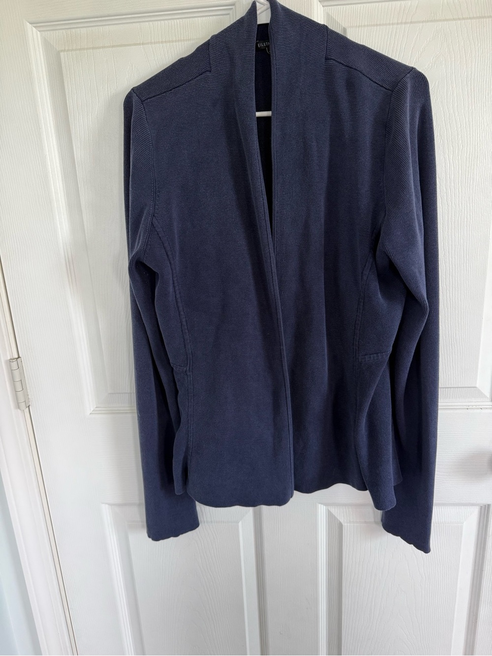 Eileen Fisher L Navy Blue Open Front Cardigan Sweater Minimalist Quiet Luxury